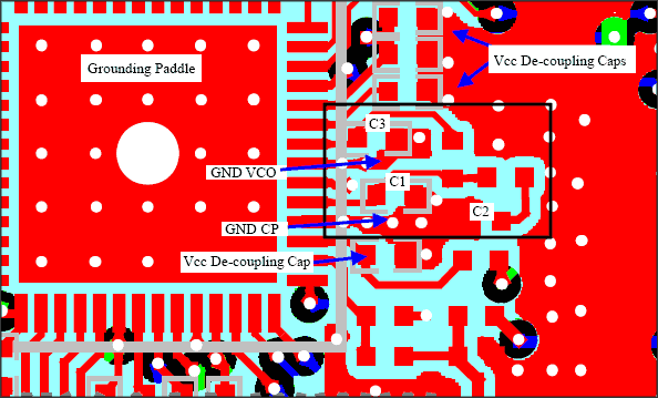 圖6. MAX2827參考設(shè)計板上PLL濾波器元件布置和接地示例