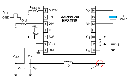 圖5. 紅色圓圈顯示，應(yīng)在此放置示波器探針來探測電感是否飽和