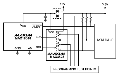 圖1. MAX16046通過MAX4525復(fù)用器/開關(guān)共用其I2C總線