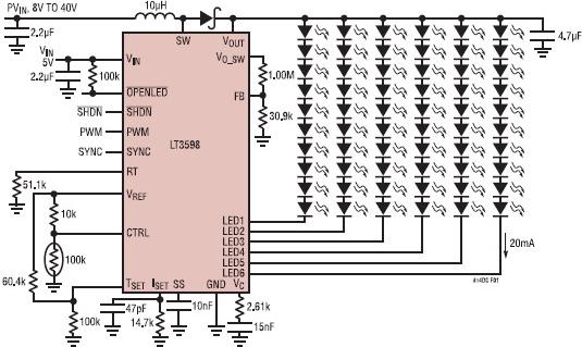 用于驅(qū)動60個20mA LED的驅(qū)動電路圖