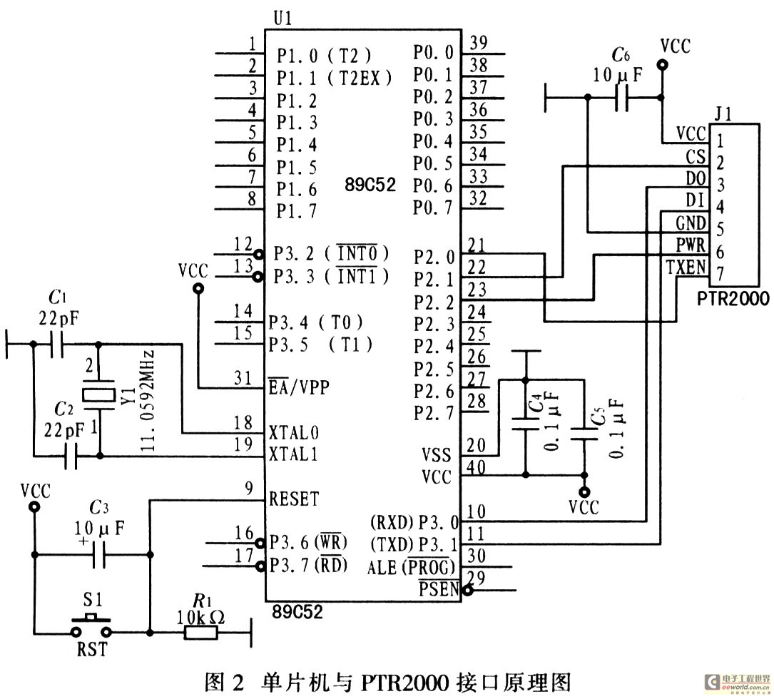 單片機與PTR2000接口原理電路
