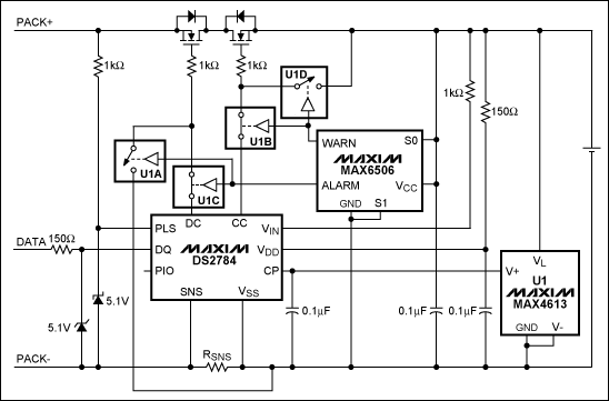 圖1. 在DS2784應(yīng)用電路中加入MAX6506和MAX4613實現(xiàn)可編程的熱保護(開關(guān)U1A-U1D表示MAX4613內(nèi)的4個開關(guān))。