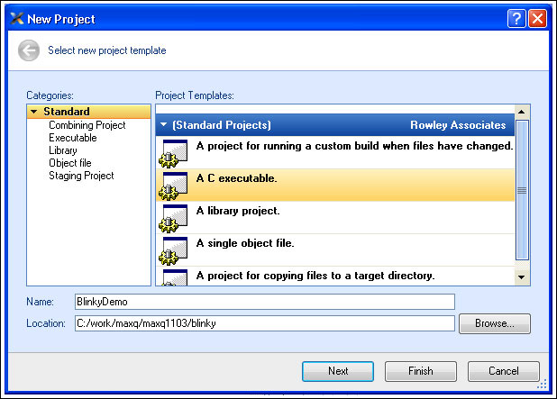 圖2. 選擇“A C executable”，填寫工程名稱和位置