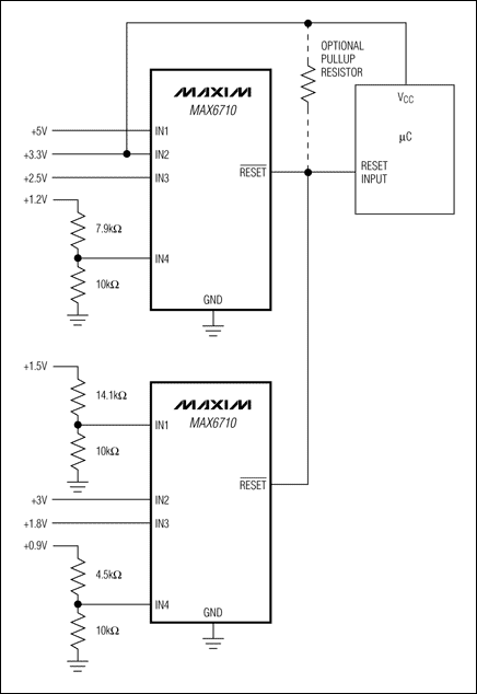 圖1. 利用兩片漏極開(kāi)路輸出的多電壓監(jiān)控器監(jiān)控8路電壓，提供單個(gè)復(fù)位輸出。