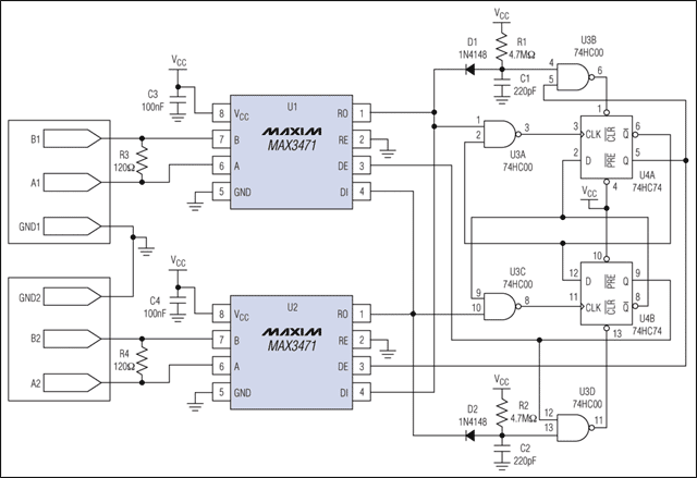 圖1. 待機(jī)電流只有3μA的RS-422中繼器。