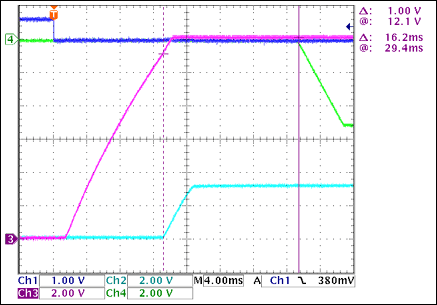 圖3. +3.3V至-5V接通延時，沒有負(fù)載Ch1 = Q8BASE, Ch2 = +3.3VOUT, Ch3 = +12VOUT, Ch4 = -5VOUT注釋：+3.3VOUT和-5VOUT之間有16.2ms延時。