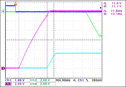 圖2. +12V至+3.3V接通延時，沒有負(fù)載Ch1 = Q8BASE(CARD_PRESENT), Ch2 = +3.3VOUT, Ch3 = +12VOUT, Ch4 = -5VOUT注釋：+12VOUT和+3.3VOUT之間有11.8ms延時。