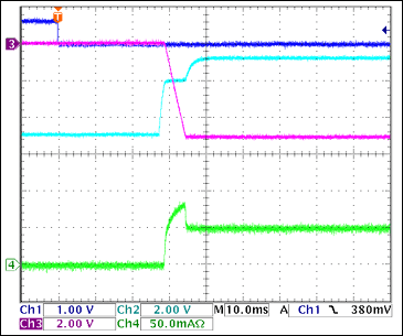 圖10. -5V接通波形，100Ω阻性負(fù)載 = 50mA Ch1 = Q8BASE, Ch2 = -5VGATE, Ch3 = -5VOUT, Ch4 = IIN(-5V) 注釋：-5V擺率大約為1V/ms。