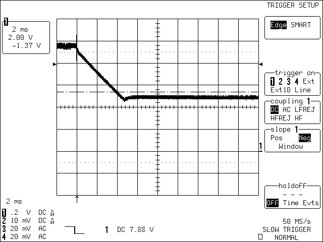 圖2. C1 = 470μF，充電電源移開(kāi)時(shí)，4節(jié)電池開(kāi)關(guān)模式電路的瞬態(tài)特性