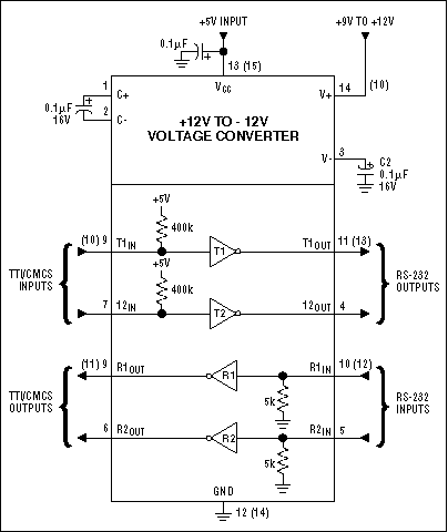Figure 7. The MAX201 is an example of a part that is powered from a 5V and 12V supply. The -12V is generated using an on-board charge pump and two external capacitors.