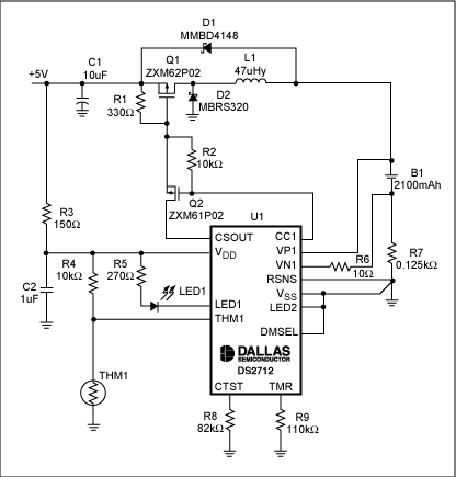 圖7. USB端口對(duì)單節(jié)NiMH電池快速充電的原理圖。