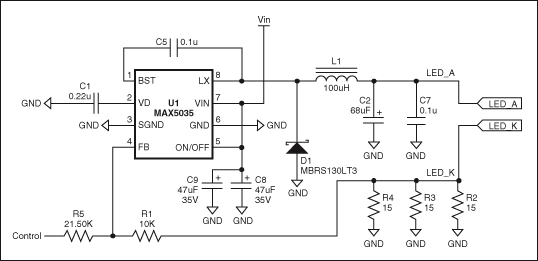 圖1. 通過調(diào)節(jié)控制電壓(0V至3.9V)，MAX5035 LED電流驅(qū)動器能夠在LED_A和LED_K端產(chǎn)生近似350mA至0mA的輸出電流。