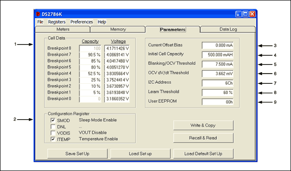 圖1. DS2786K的PARAMETERS標簽示意圖。箭頭所指示的各個參數(shù)將在本應用筆記中進行說明。