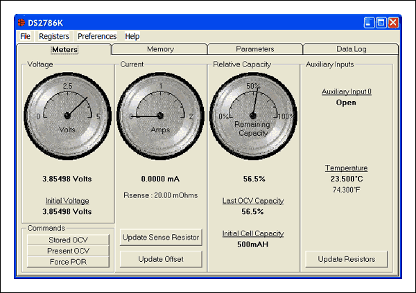 圖3.評估板軟件實時更新DS2786K中METERS標簽內Relative Capacity區(qū)域的數(shù)據(jù)。