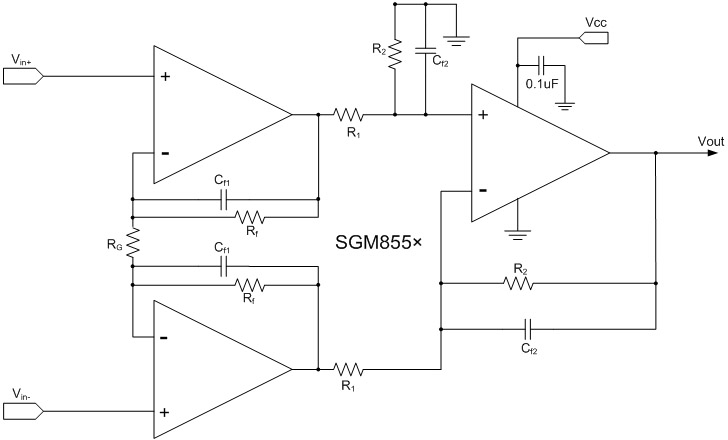 圖4：基于SGM855×系列的分立儀表放大器設(shè)計(jì)方案。 