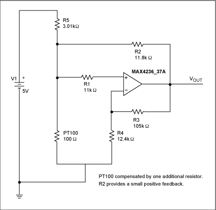 圖4. 該模擬電路對RTD進行線性化補償。