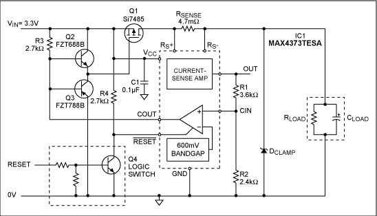 圖1. 由集成的檢流放大器、鎖存比較器以及基準構成的快速響應、低壓過流保護電路