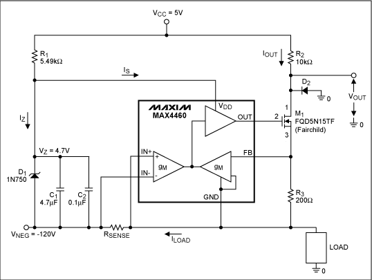 圖2. 利用MAX4460實(shí)現(xiàn)負(fù)電源檢流放大器