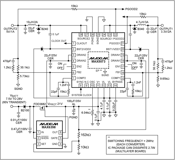 圖 6. MAX5073 2MHz buck轉換器配合MAX6398保護開關的典型電路，該設計具有高性能以及較高的抗干擾能力。