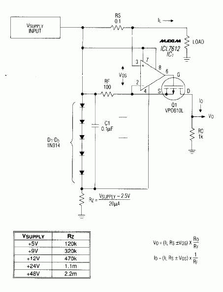 Figure 1. This simple load-current monitor produces a proportional signal voltage VO.