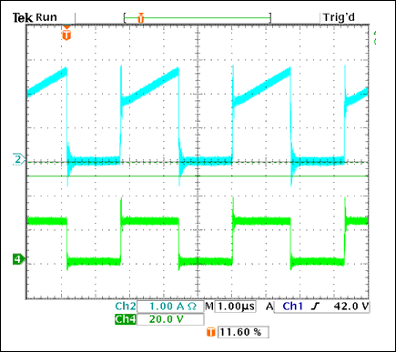 圖7. 滿載及48VDC時Q7中的電流和Q5上的VDS。