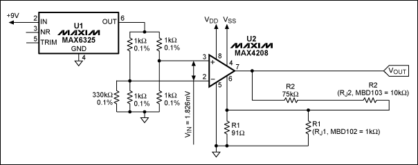 圖6. MAX4208配合外置rejustor和電阻實(shí)現(xiàn)1000V/V增益