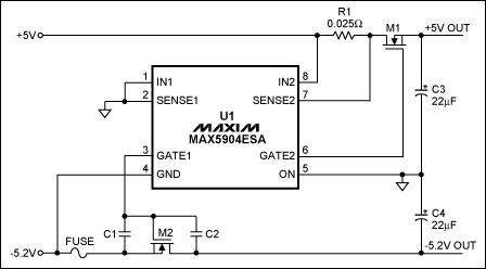 圖2. 單芯片方案，為正、負電源提供浪涌電流限制，但-5.2V通道不具備斷路器功能。