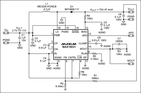 圖1. MAX15031升壓轉(zhuǎn)換器原理圖，F(xiàn)SW = 400kHz (固定)。