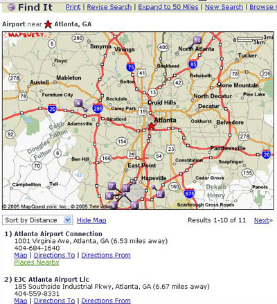 在我們單擊“Search for Locations”（搜索地點）時，MapQuest會生成一幅亞特蘭大地圖，并列出搜索到的“機場”