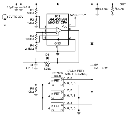 圖1. IC1 MAX931比較器用于監(jiān)測主電源電壓。當主電源電壓下降到7.4V以下時，它可以通過將電池負端接地接通備用電池。