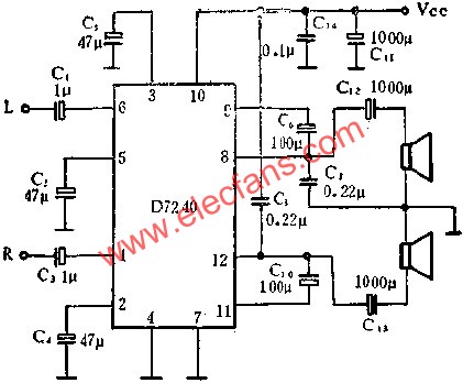 D7240音頻功率放大電路作立體聲功率放大的應(yīng)用  m.makelele.cn