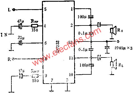 D7232P作立體聲功率放大的應(yīng)用  m.makelele.cn