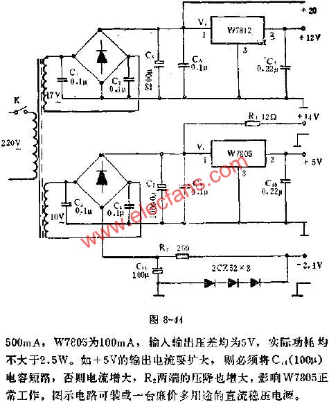 W7805、W7812集成穩(wěn)壓器組成的多用途穩(wěn)壓電流應用線路圖  m.makelele.cn
