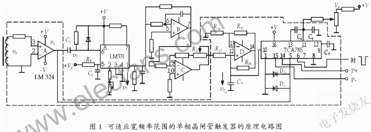 適應(yīng)寬頻率范圍的單相晶閘管觸發(fā)器的電路原理圖 m.makelele.cn