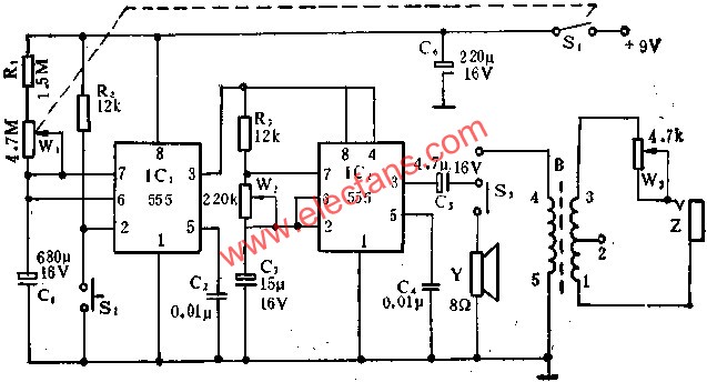 555電路組成袖珍電子定時(shí)催眠按摩器電路圖  m.makelele.cn