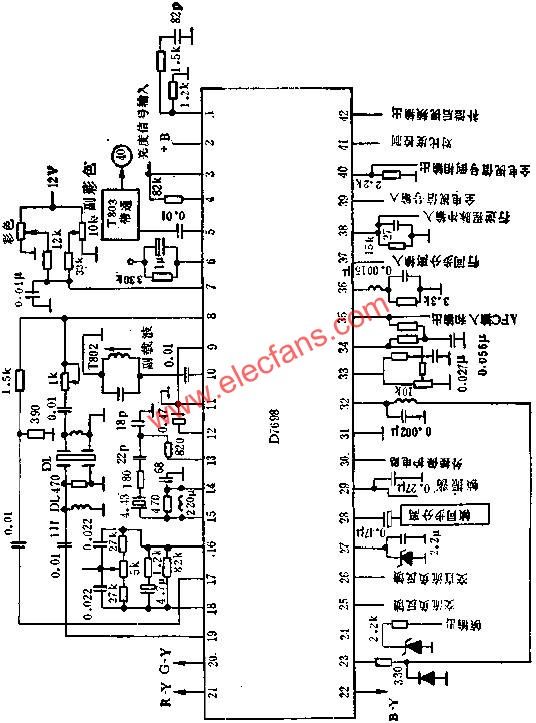 D7698掃描和彩色解碼電路的應(yīng)用電路圖  m.makelele.cn