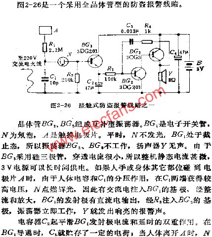 接觸式防盜報(bào)警電路之一  m.makelele.cn