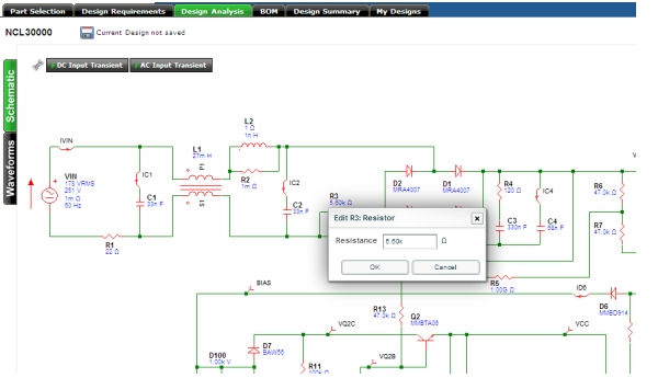 圖4：在電路圖(部分)中可以進(jìn)一步修改元件值，并進(jìn)行直流或交流仿真測(cè)試（電子系統(tǒng)設(shè)計(jì)）