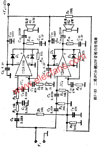 二路RC分頻22W音箱功放電路