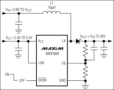 MAX1605: Typical Operating Circuit MAX1605內置30V開關的LCD偏置電源的應用電路 m.makelele.cn