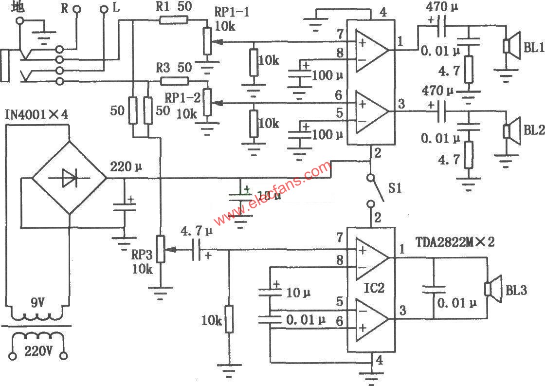 小型床頭聽音系統(tǒng)的電路圖  m.makelele.cn