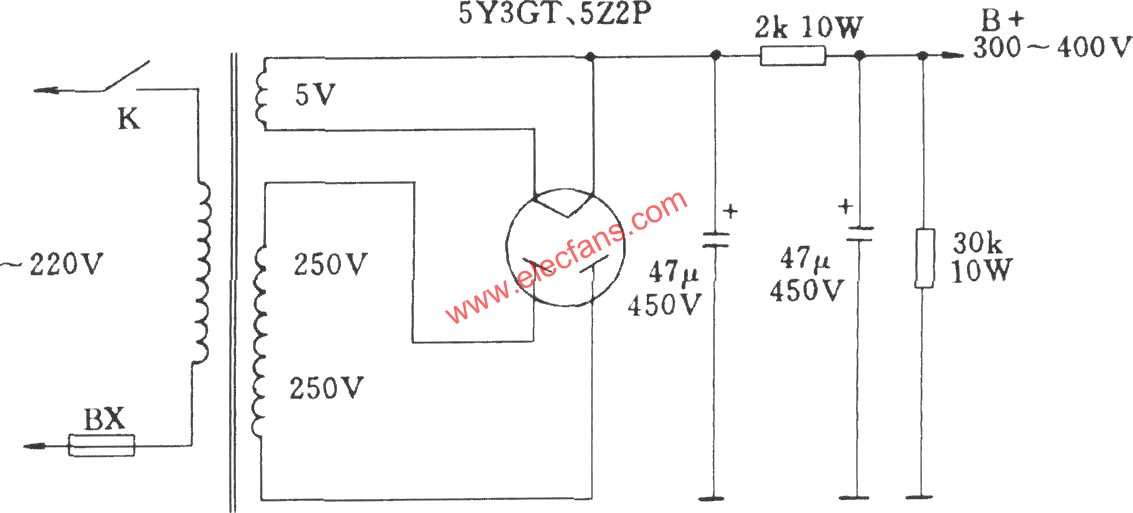 直熱式整流電子管全波整流及濾波電路  m.makelele.cn
