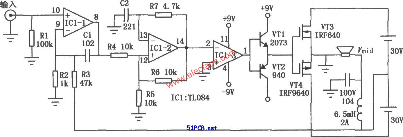 實(shí)用數(shù)字功放(TL084)電路圖  m.makelele.cn