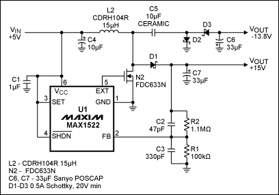 Figure 1. This single-inductor, 200mA power supply derives +15V/-14V from +5V. m.makelele.cn