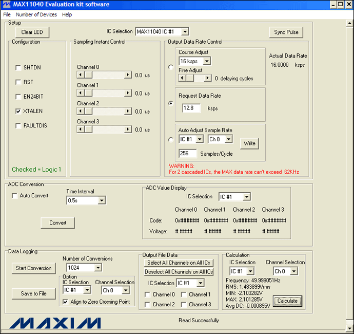 圖4. MAX11040EVKIT GUI允許用戶方便地設(shè)置各種測(cè)量條件：12.8ksps、256采樣點(diǎn)/周期和1024次轉(zhuǎn)換。此外，GUI的計(jì)算部分提供了一個(gè)進(jìn)行快速工程運(yùn)算的便捷工具。