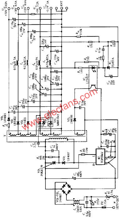 由TOP246Y構(gòu)成的45W多路輸出式開(kāi)關(guān)電源電路  m.makelele.cn