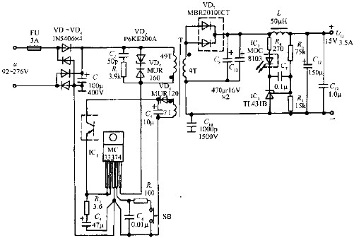 由MC33374T/TV構(gòu)成52W開(kāi)關(guān)電源的電路