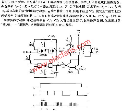 由門控振蕩器組成的聲光報警電路  m.makelele.cn