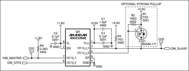 圖1. 1-Wire雙向電平(1.8V至5V)轉(zhuǎn)換器電路原理圖，注意，引腳I/O VL和I/O VCC具有10kΩ內(nèi)部上拉。