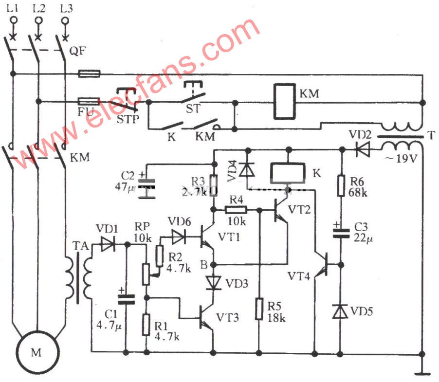 三相電動機過流保護電路圖 文章來源:http://m.makelele.cn